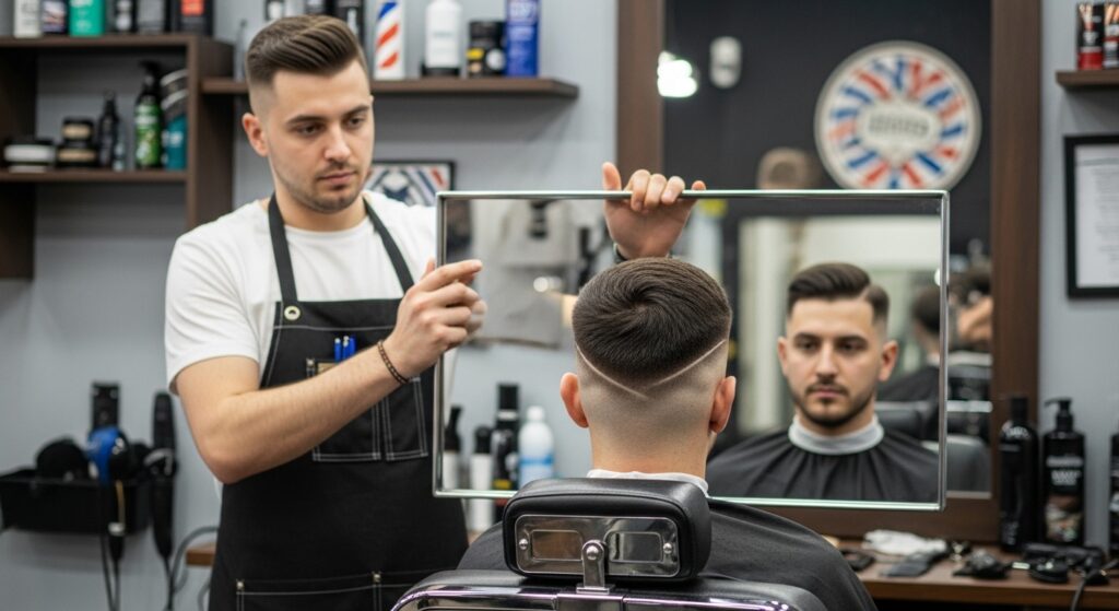 barber showing client the back of a mid fade haircut