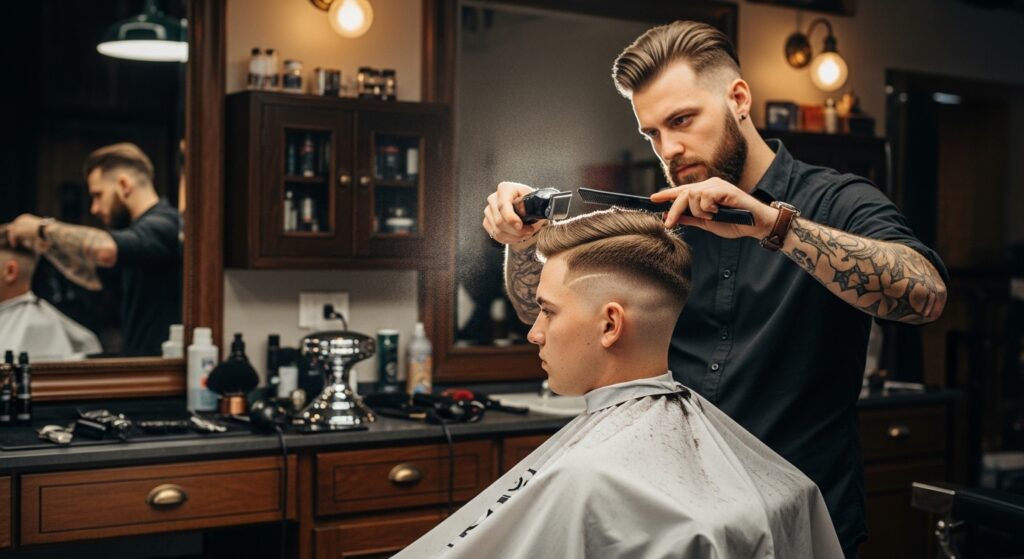 "Barber styling mid fade haircut for men"
