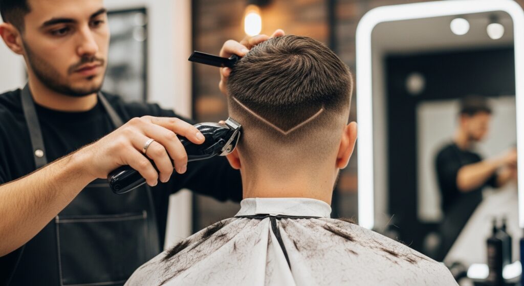 Barber using a trimmer without a guard to shape the back neckline, with small hair clippings visible on a barber cape.