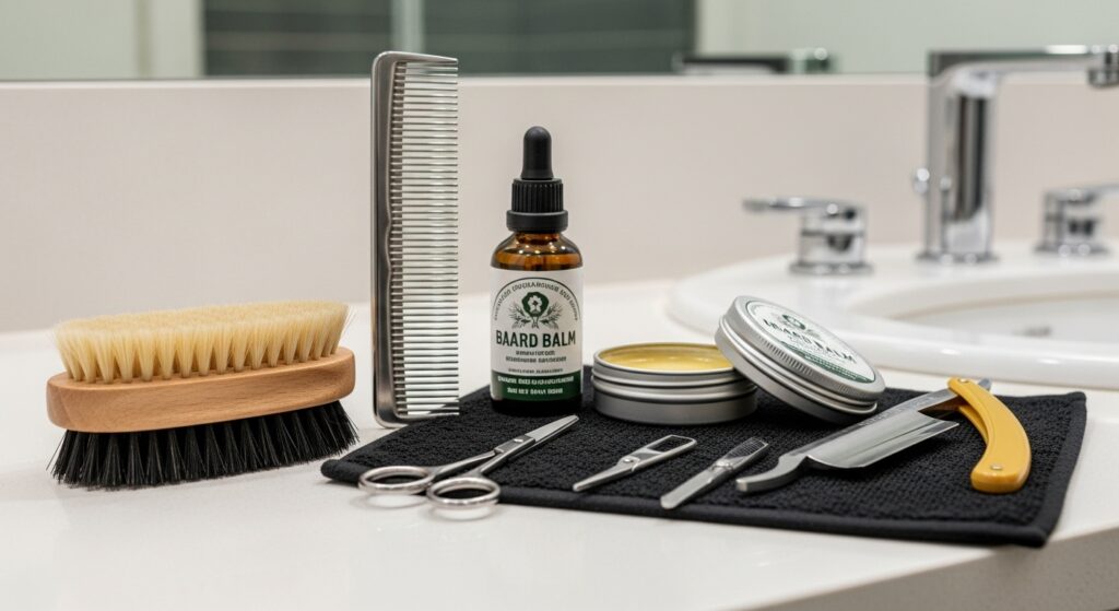 Beard grooming kit with beard trimmer, guards, scissors, and oils on counter