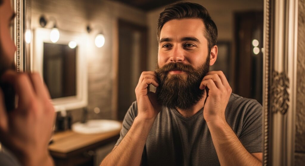 Man grooming his long beard in front of the mirror