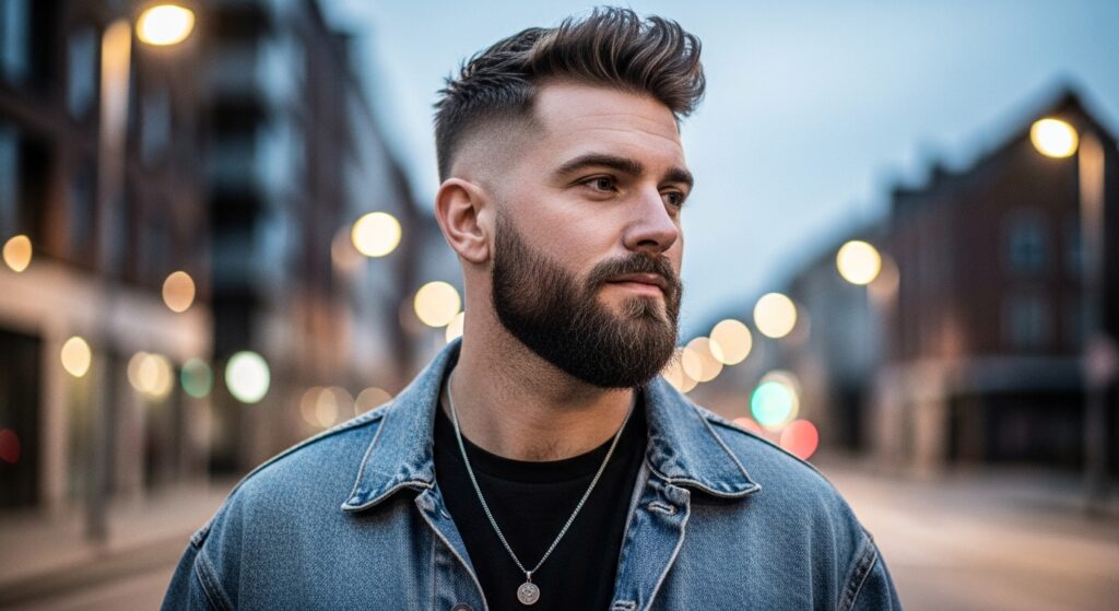 Man with beard and textured french crop haircut walking outside