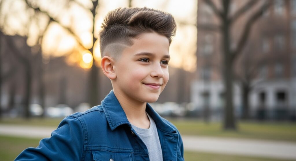  Boy with fade haircut and styled long top