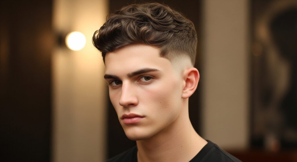 "Burst fade haircut with curly textured hair"