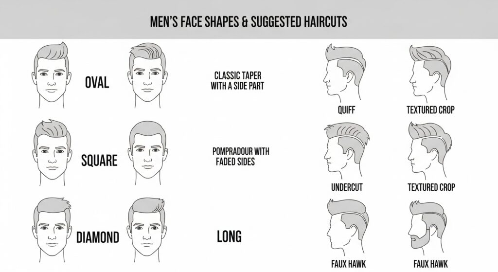 "Men’s face shapes with recommended haircut styles")