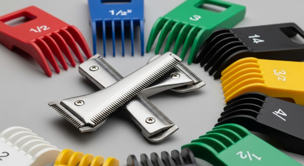 "Close-up of clipper blades with guard attachment"