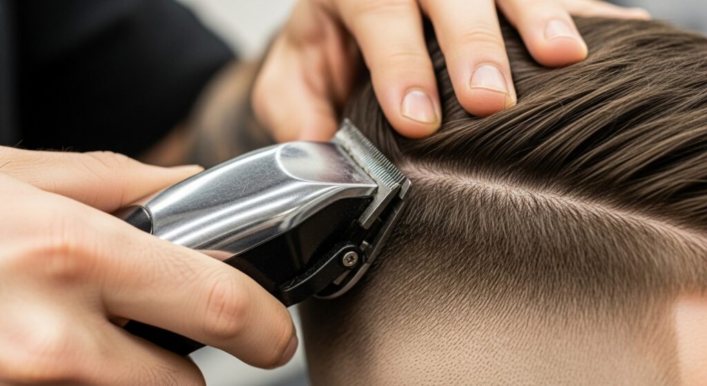 "Barber using clippers with long guard to start fade haircut"