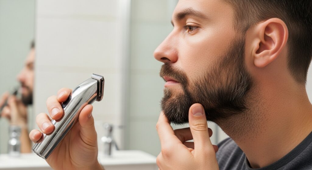 Man trimming beard in the mirror with electric beard trimmer