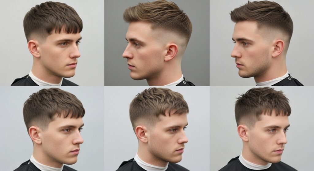 Different french crop haircut styles for men with various face shapes