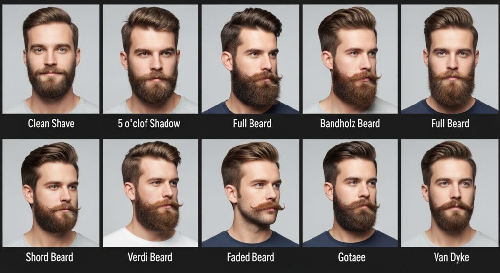 Different men showing off goatee, stubble, full beard, and mustache styles