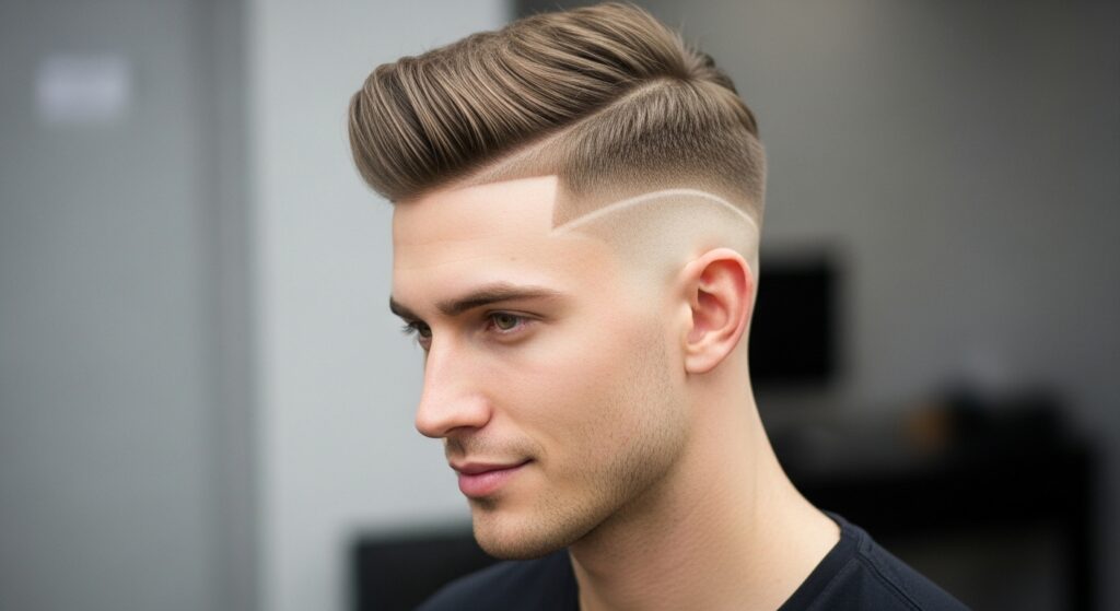 Fade haircut with hard part line"