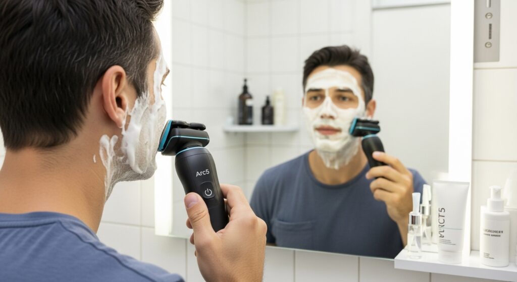 Man preparing for a close shave using Panasonic Arc5.