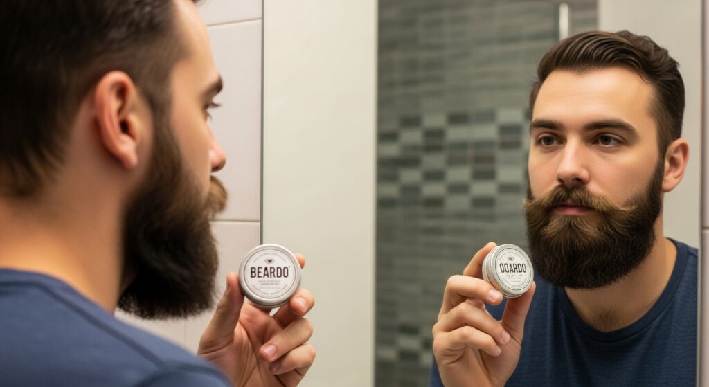 Beardo mustache wax tin held in hand."