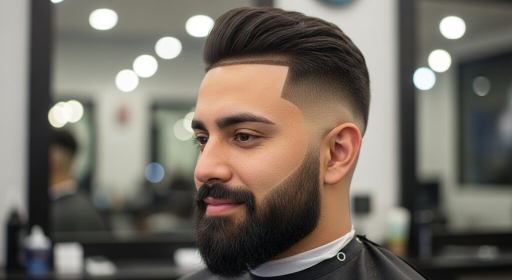 High fade haircut with beard for men"