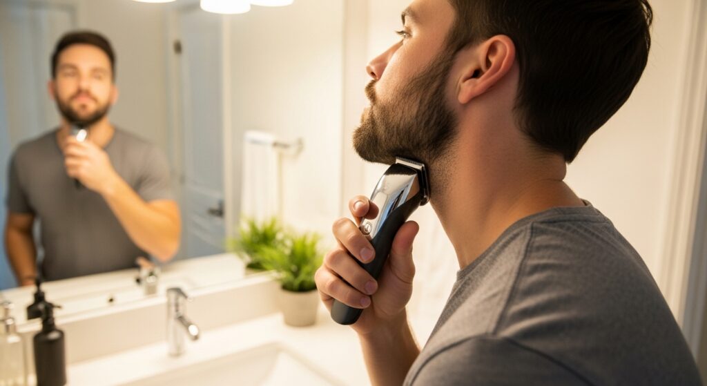 man using clippers to maintain fade edges at home”
