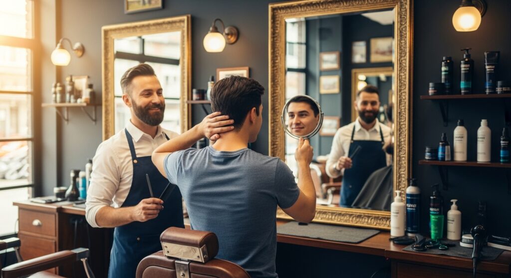  "Man checking back of haircut in mirror"