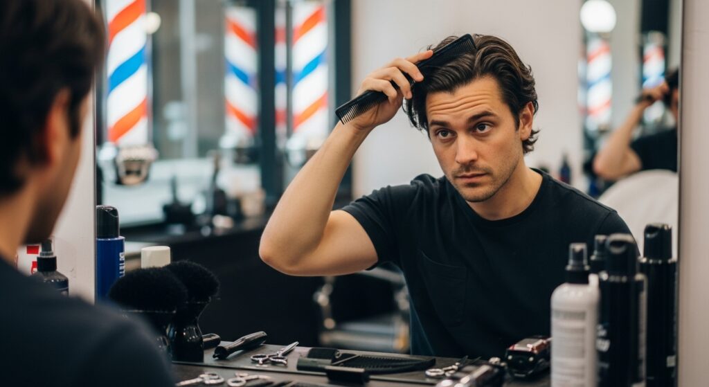 "Man combing hair before haircut"