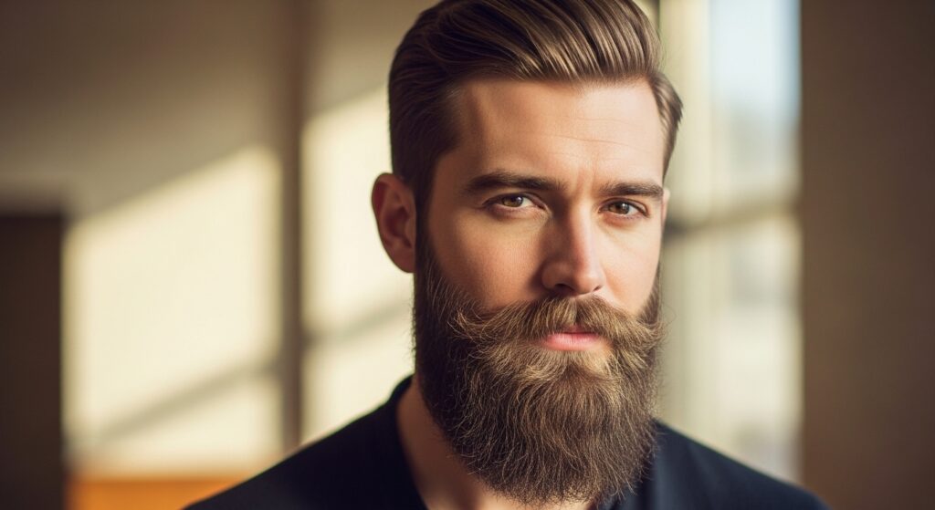 Long boxed beard style with sharp cheek lines