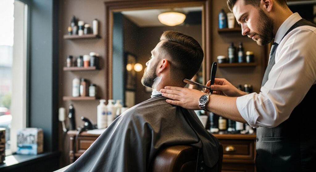 Man receiving a cut throat razor shave at a barbershop.