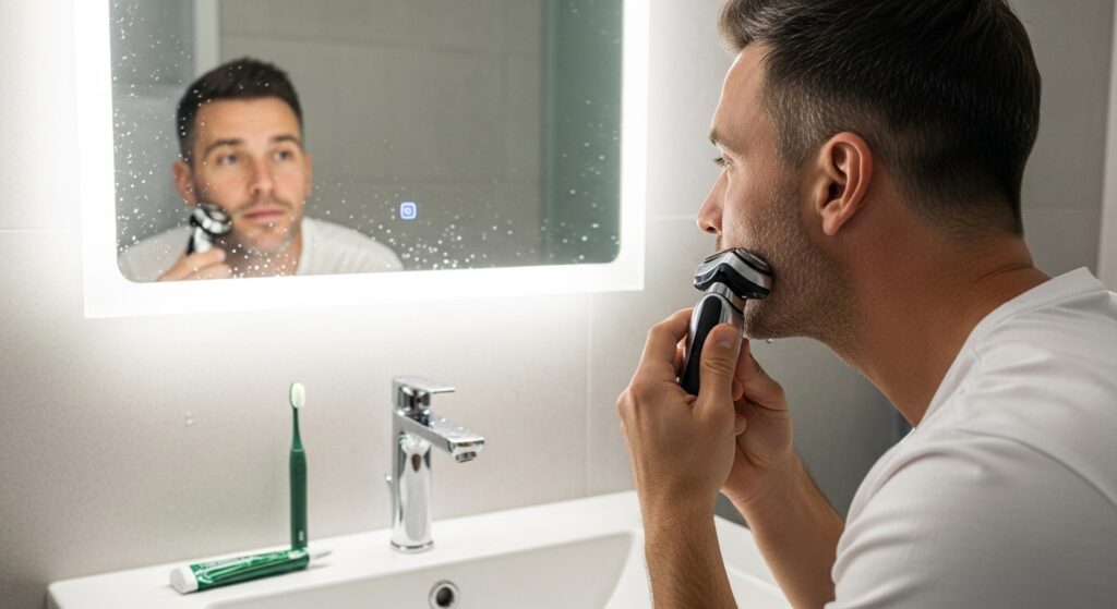 Close-up of Philips Norelco 9800 electric shaver in use.