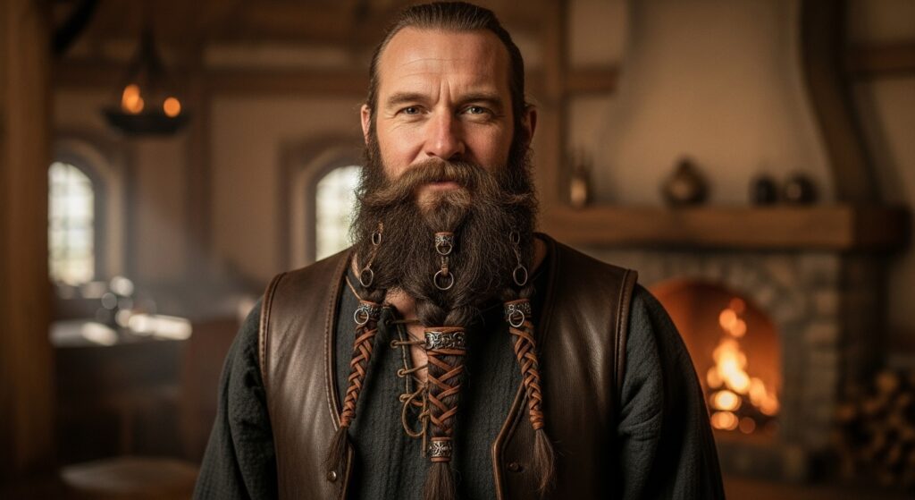 Bearded man with braid in his long beard