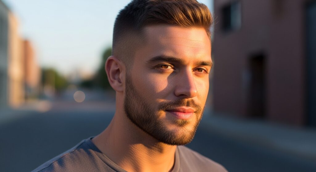 Crew cut with beard for oval face men.