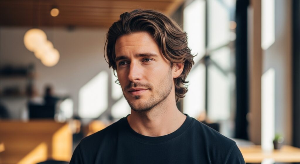 "Medium length flow hairstyle for men")