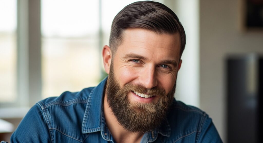 Medium-long beard blending into shorter sides
