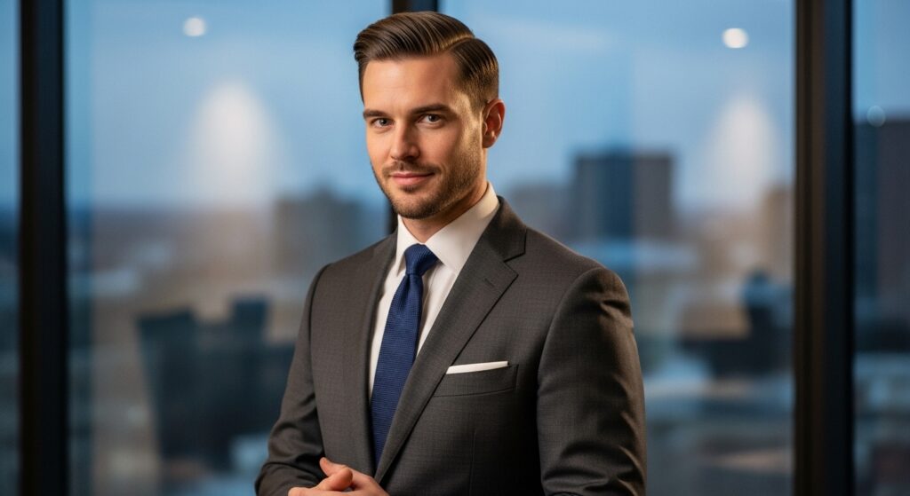 "Classic side part haircut for men in formal wear"