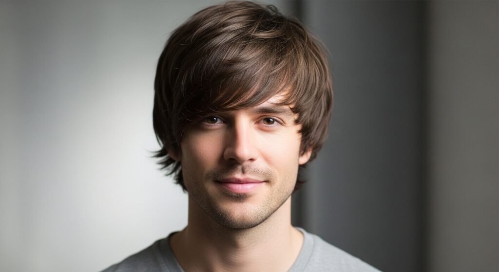 Side swept fringe hairstyle for diamond face male.