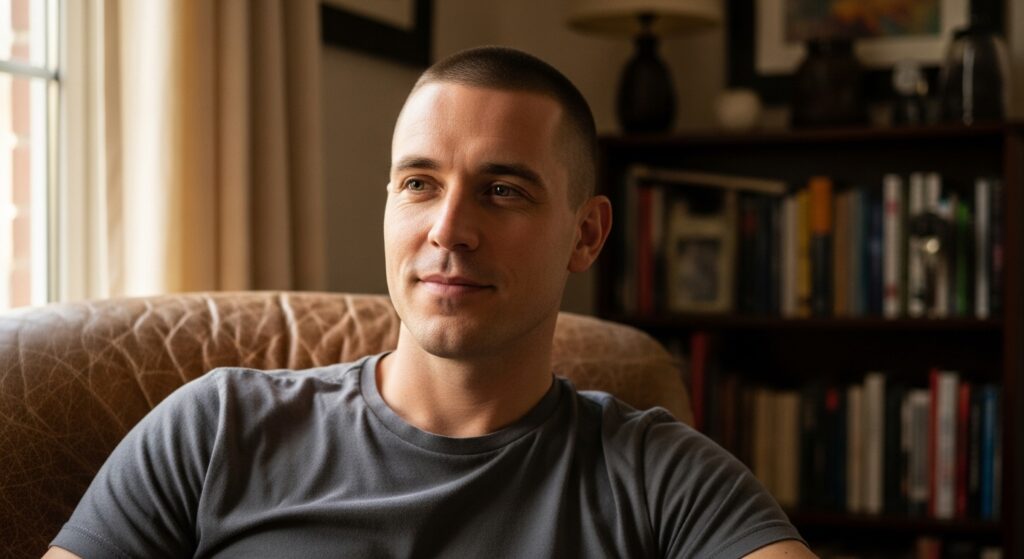 Low maintenance haircut for oval face men.
