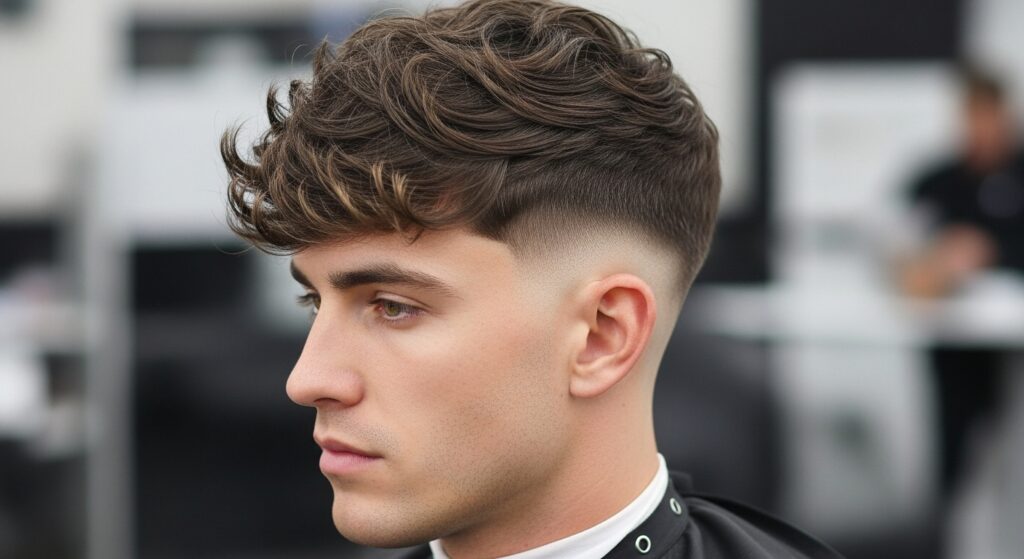 wavy crop haircut with mid skin fade sides
