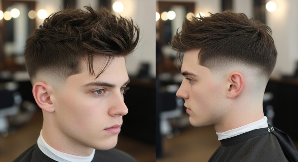 Messy crop low taper fade for oval face men.