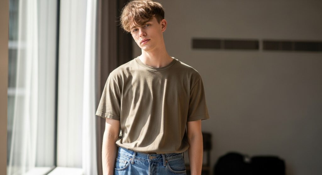 Man with messy french crop hairstyle, casual look