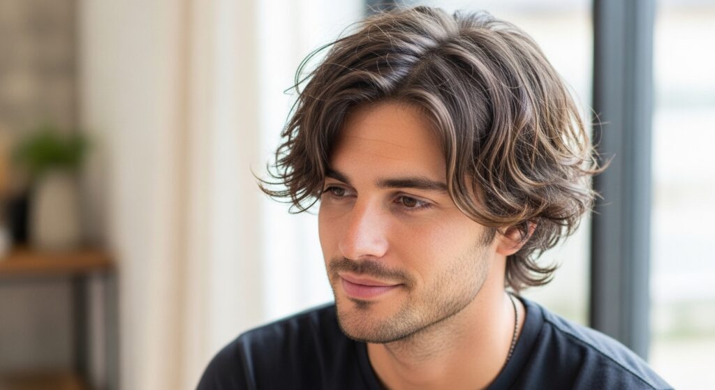 Messy waves hairstyle for diamond-shaped face male.
