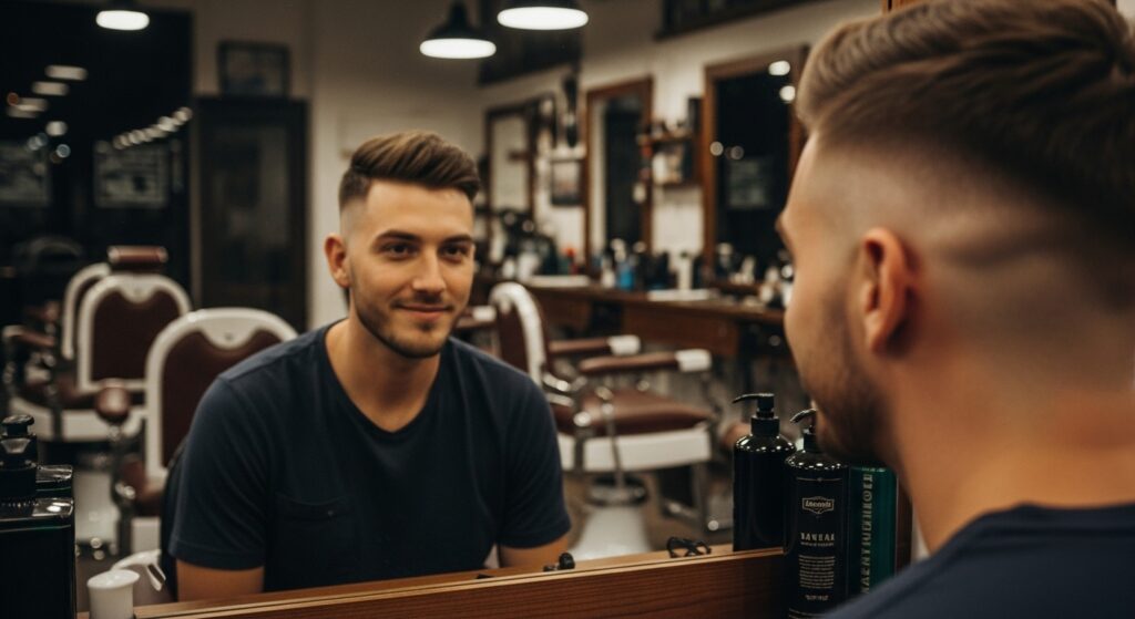 "man with new skin fade haircut looking in mirror"