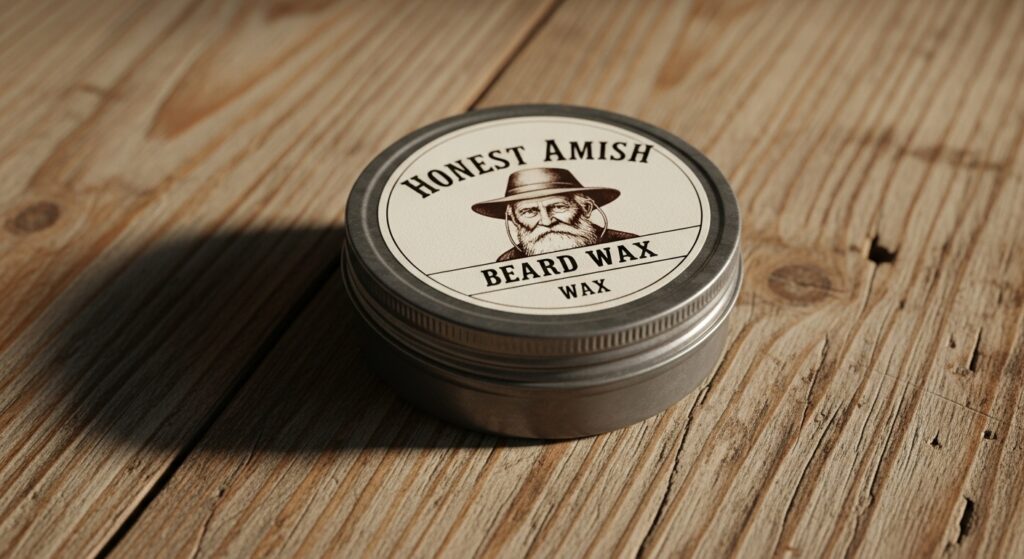 "Honest Amish beard and moustache wax tin."