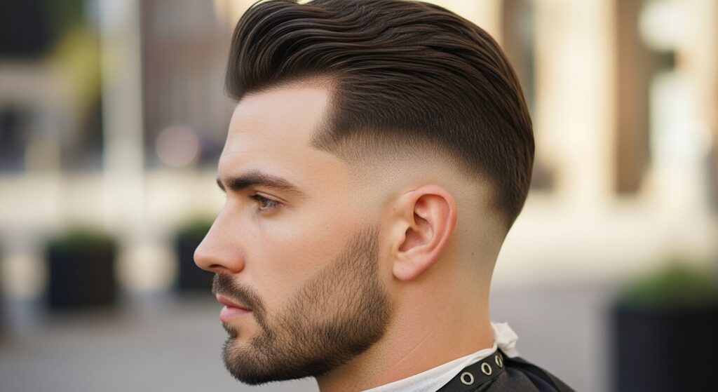 “man with grown out fade haircut showing hairline”