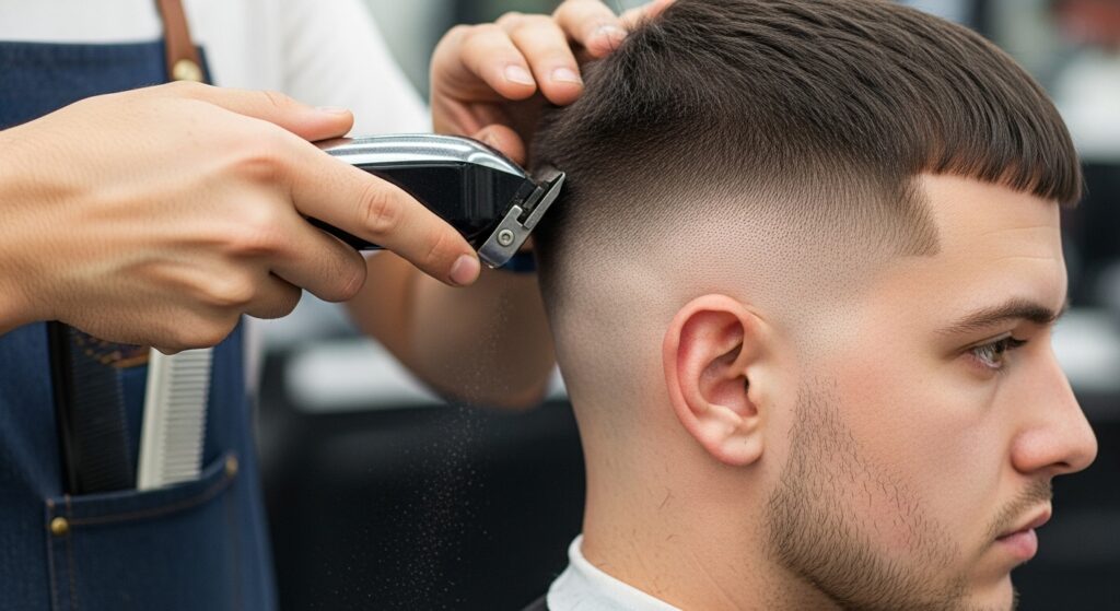 The barber is making a clean skin fade on the side of a man's head more precise.