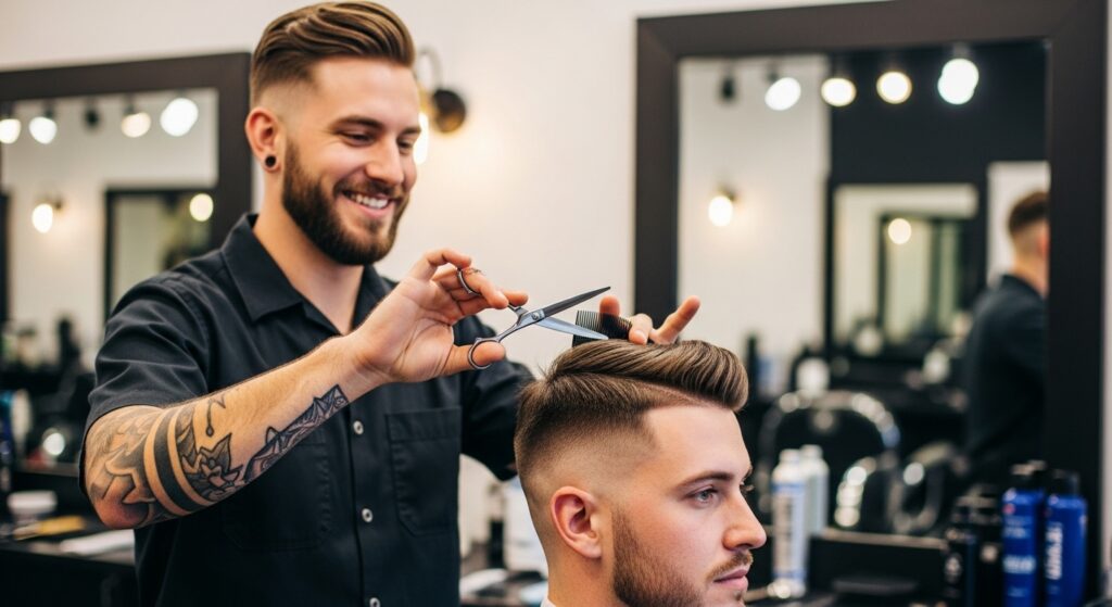 barber doing finishing touches on a fade haircut
