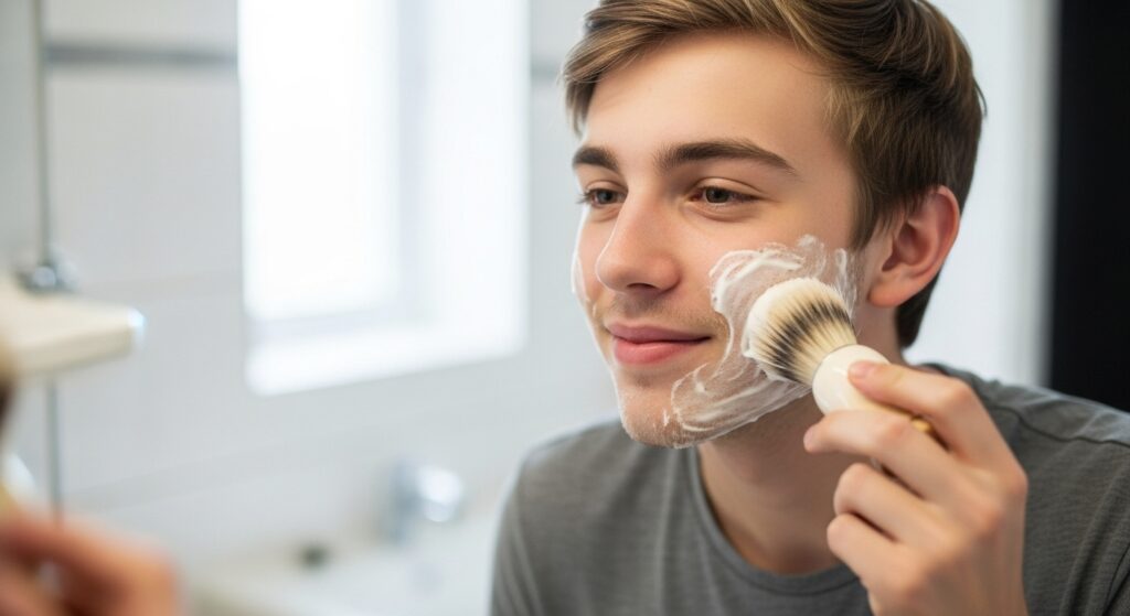 Boy applying shaving cream with a brush before using a straight edge razor.