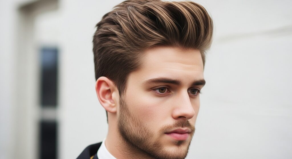 Textured quiff hairstyle for men with an oval face.