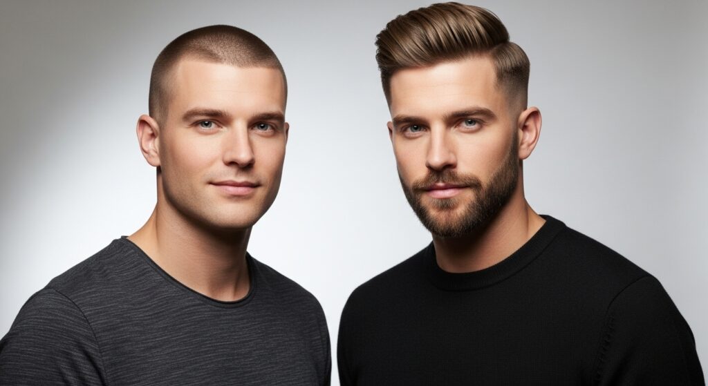 "Comparison of normal and trendy haircut styles for men")