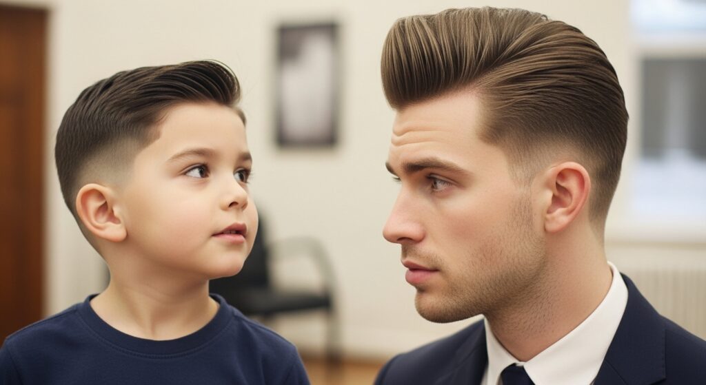 boys fade haircut compared to men’s mid skin fade hairstyle