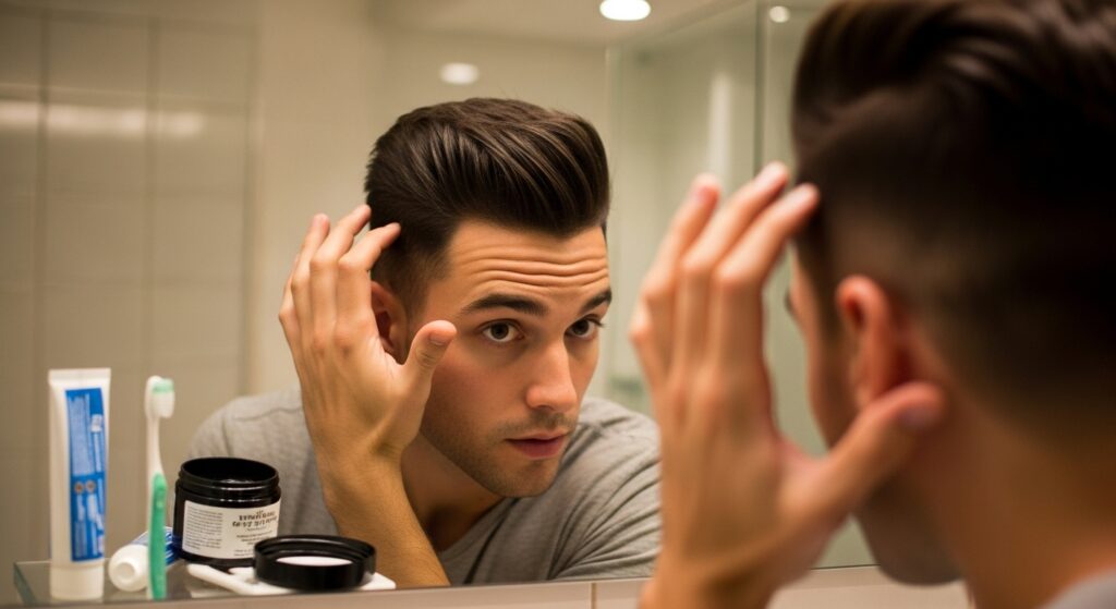man using hair product to keep fade and quiff style fresh.)