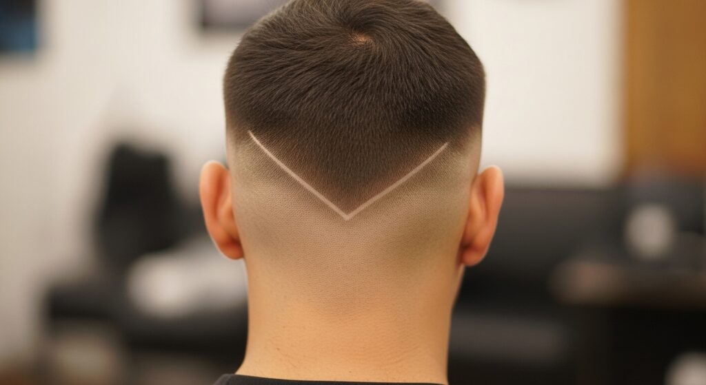 v shape fade haircut at the back of a man’s head.)