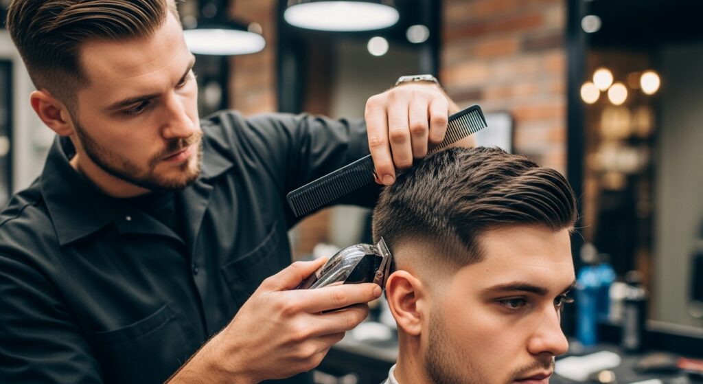 taper fade haircut with smooth blending at sideburns.)