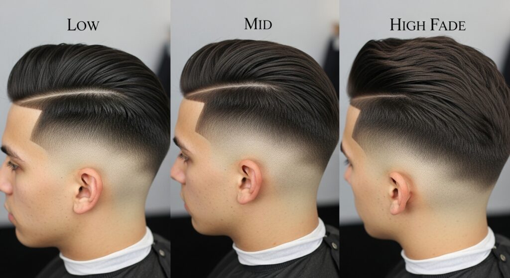 comparison of low fade, mid fade, and high fade styles for men.)