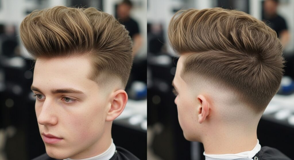 different men’s hairstyles paired with fade haircuts.)