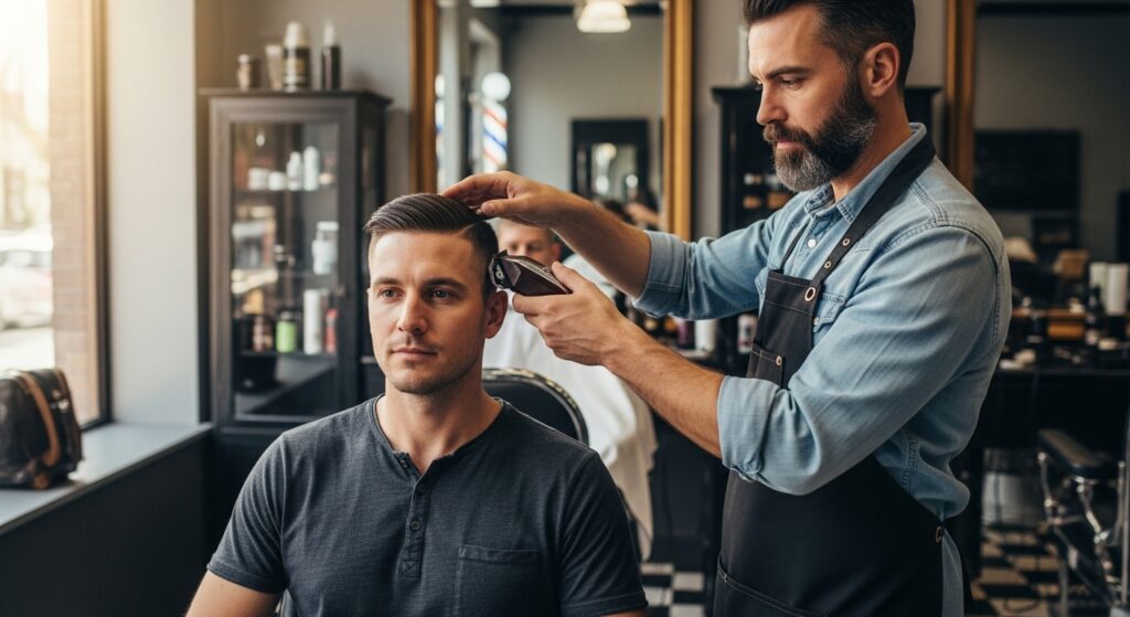 barber preparing to give a man a fade haircut.)